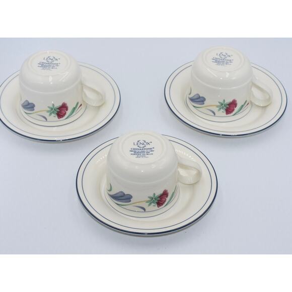 Y2K Coffee or Tea Flat Cup & Saucer 6pc Set Poppies On Blue by LENOX - Picture 4 of 6